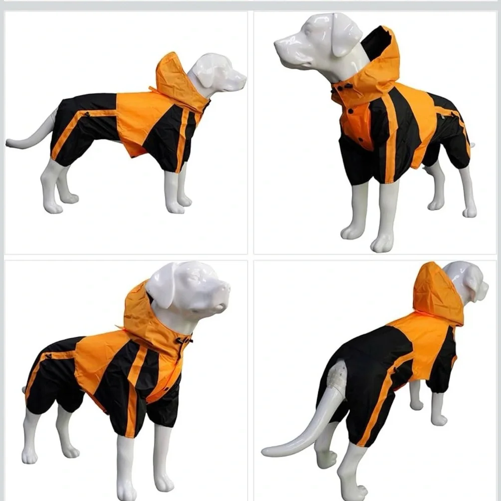 Camlet Line Dog Raincoat Waterproof Hooded Jumpsuit Orange Black Size L-L